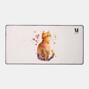 Cute Tabby Cat with Hearts Monogram Desk Mat