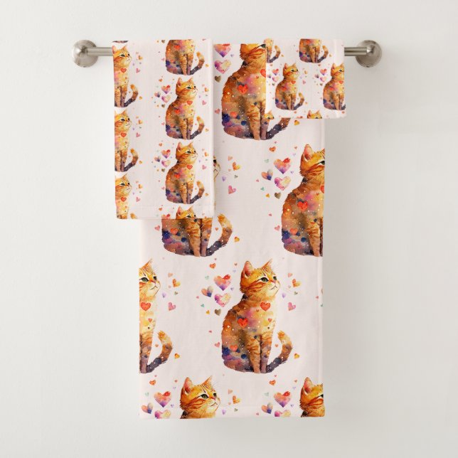Cute Tabby Cat with Hearts Pattern Bath Towel Set (Insitu)