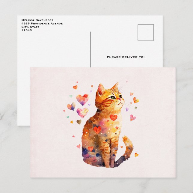Cute Tabby Cat with Hearts Postcard (Front/Back)