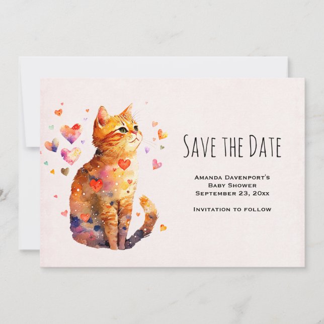 Cute Tabby Cat with Hearts Save The Date (Front)