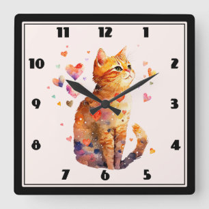 Cute Tabby Cat with Hearts Square Wall Clock