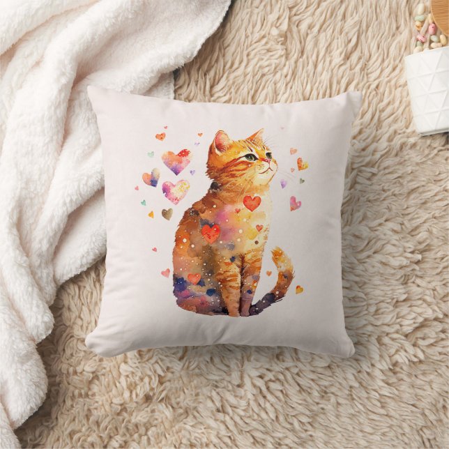 Cute Tabby Cat with Hearts Throw Pillow (Blanket)