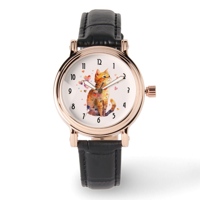 Cute Tabby Cat with Hearts Watch (Front)