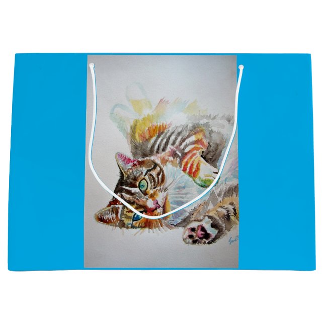 Cute Tabby Chat Aquarelle Chats bleu Cadeau Sac (Devant)