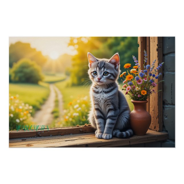 Cute Tabby Kitten by Window with Wildflowers Poster (Front)
