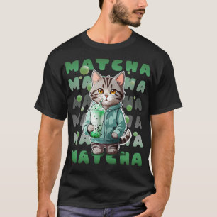 Cute Tabby Kitten in Hoodie drinking Matcha Green T-Shirt