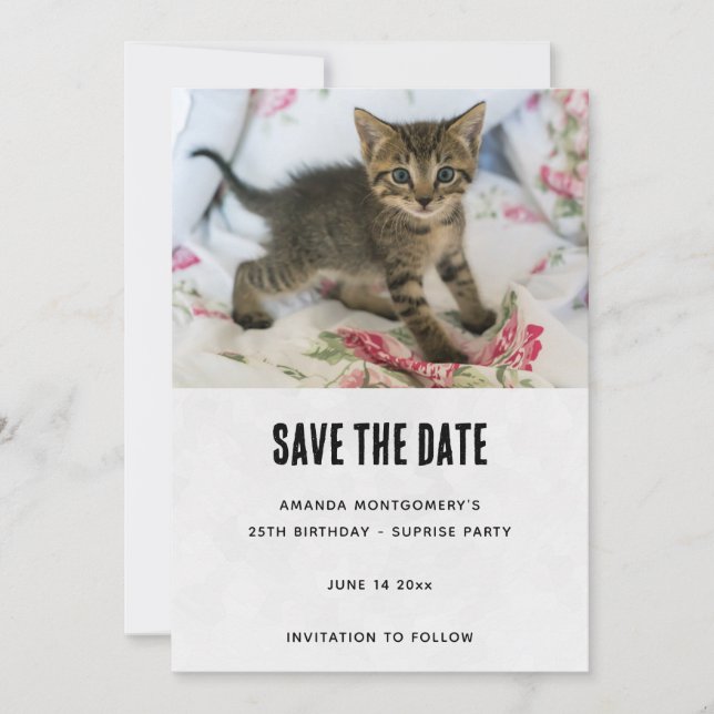 Cute Tabby Kitten Looking Surprised Birthday Save The Date (Front)