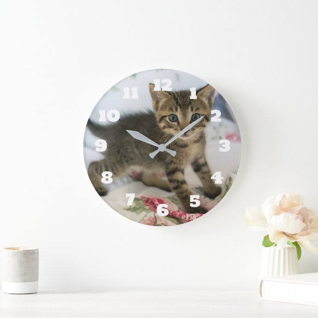 Cute Tabby Kitten Looking Surprised Large Clock (Home)