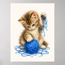Cute Tabby Kitten Playing with Blue Yarn