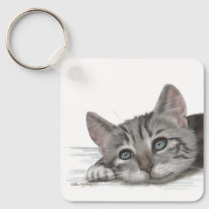 Cute Tabby Kitten Resting Cartoon Keychain