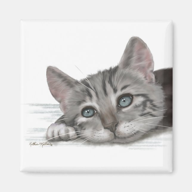  Cute Tabby Kitten Resting Cartoon Magnet (Front)