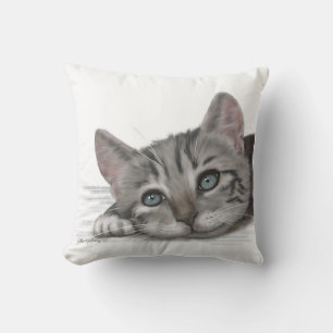 Cute Tabby Kitten Resting Cartoon Throw Pillow