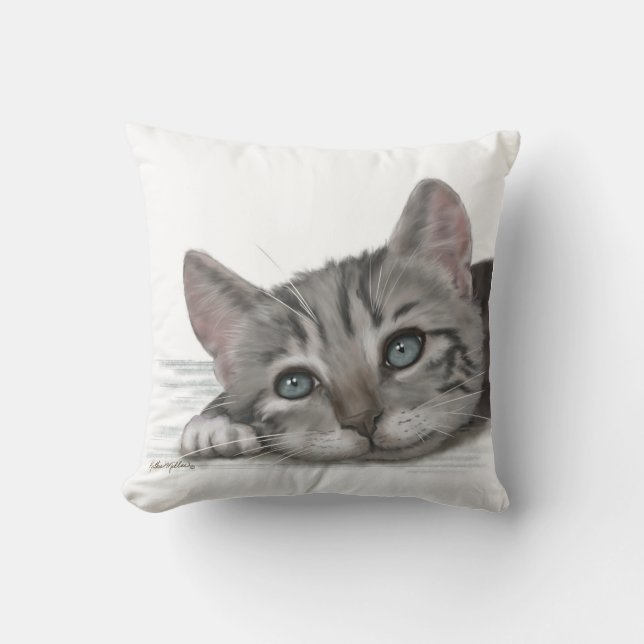  Cute Tabby Kitten Resting Cartoon Throw Pillow (Front)