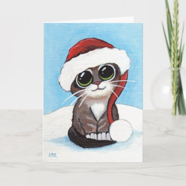 Cute Tabby Kitten Wearing Santa Hat Christmas Card (Front)