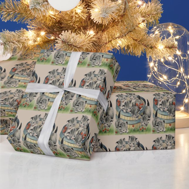 Cute Tabby Kittens In Basket  Wearing Red Bows Wrapping Paper (Holidays)