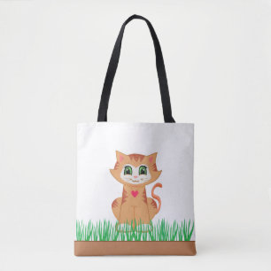 Cute Tabby Kitty Cat & Grass Plants Tote Bag