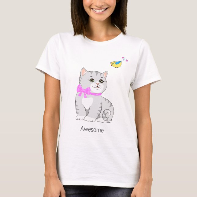 Cute Tabby Kitty Cat & Little Bird T-Shirt (Front)