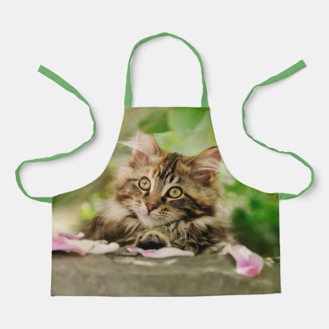 Cute Tabby Maine Coon Cat Kitten Fluffy Head Photo Apron (Front)