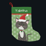 Cute Tabby Santa Cat Small Christmas Stocking<br><div class="desc">Create a personalized stocking for your cat or a cat lover. This design consists of a cute grey tabby cartoon cat with a Santa hat and Christmas colours with the ability to customize to your needs.  Original design by Night Owl's Menagerie,  2020.</div>