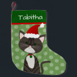 Cute Tabby Santa Cat Small Christmas Stocking<br><div class="desc">Create a personalized stocking for your cat or a cat lover. This design consists of a cute grey tabby cartoon cat with a Santa hat and Christmas colours with the ability to customize to your needs.  Original design by Night Owl's Menagerie,  2020.</div>