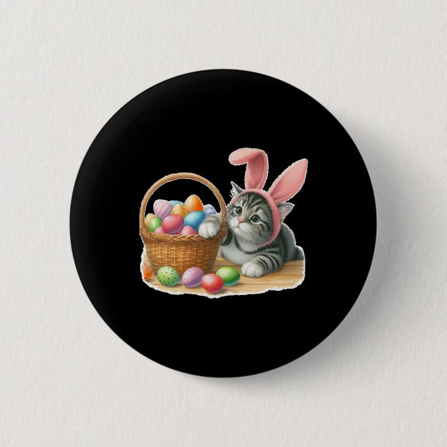 Cute Tabby Striped Grey Grey Kitten Rabbit Ears Ea 2 Inch Round Button (Front)