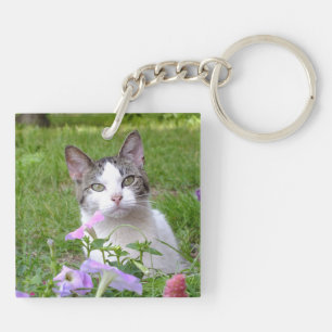 Cute Tabby & White Kitten in the Flowers KeyChain