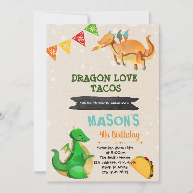 Cute taco dragon theme party invitation (Front)