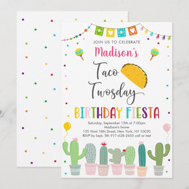 Cute Taco Twosday Fiesta Cactus Birthday Invitation (Front/Back)