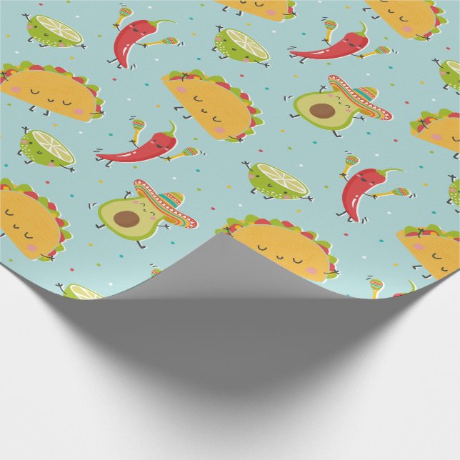 Cute Taco's Avocado Chili Lime Party Blue  Wrapping Paper (Corner)