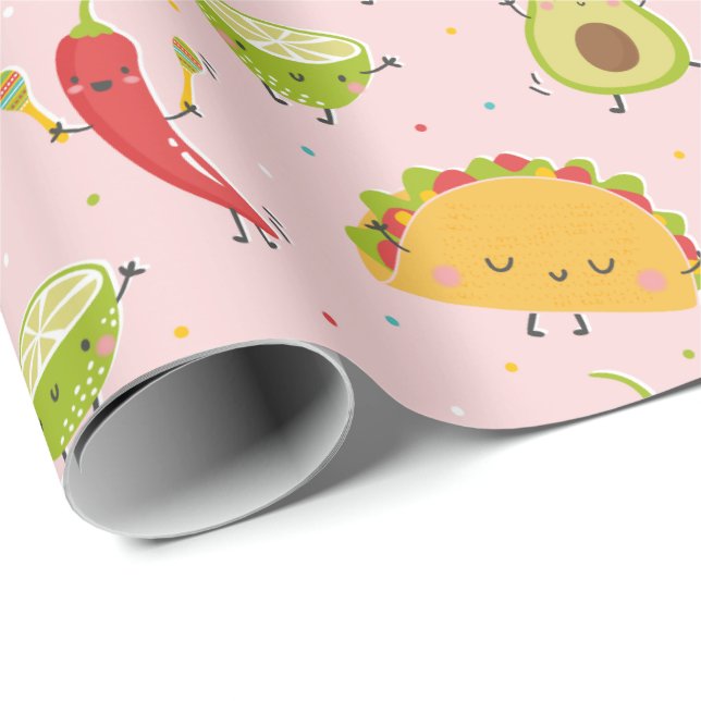 Cute Taco's Avocado Chili Lime Party Pink Wrapping Paper (Roll Corner)