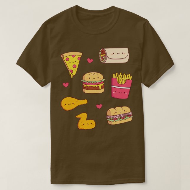 Cute Takeaway Food Doodles Pattern T-Shirt (Design Front)