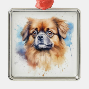 CUTE TAN AND BROWN TIBETAN SPANIEL DOG METAL ORNAMENT