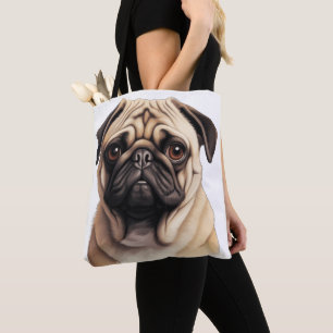 CUTE TAN & BLACK PUG PUPPY DOG TOTE BAG