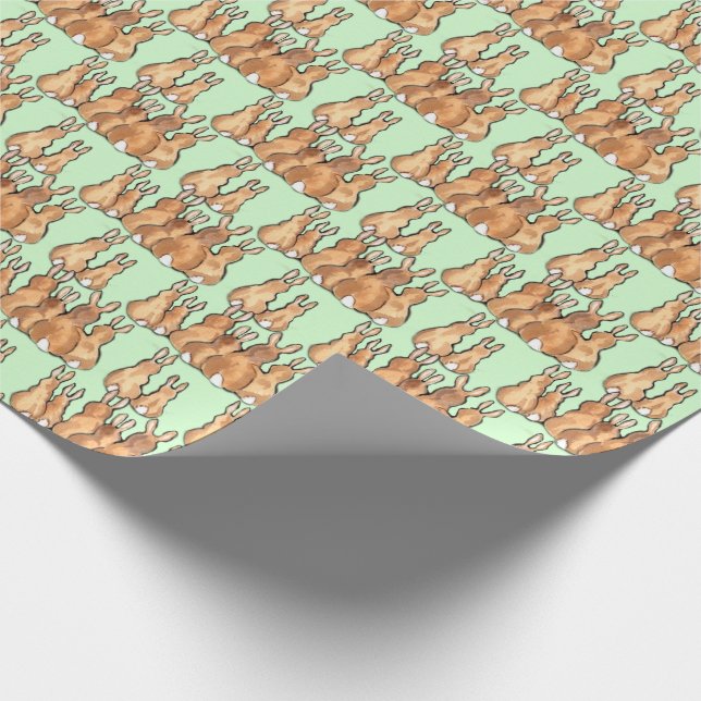 Cute Tan Bunny Rabbits on Green Woodland Rustic Wrapping Paper (Corner)