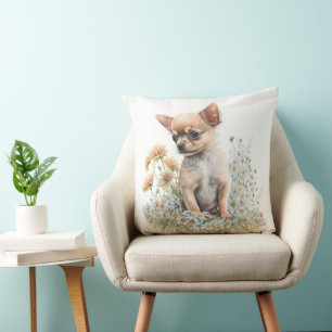 CUTE TAN CHIHUAHUA PUPPY DOG & WILDFLOWERS THROW PILLOW