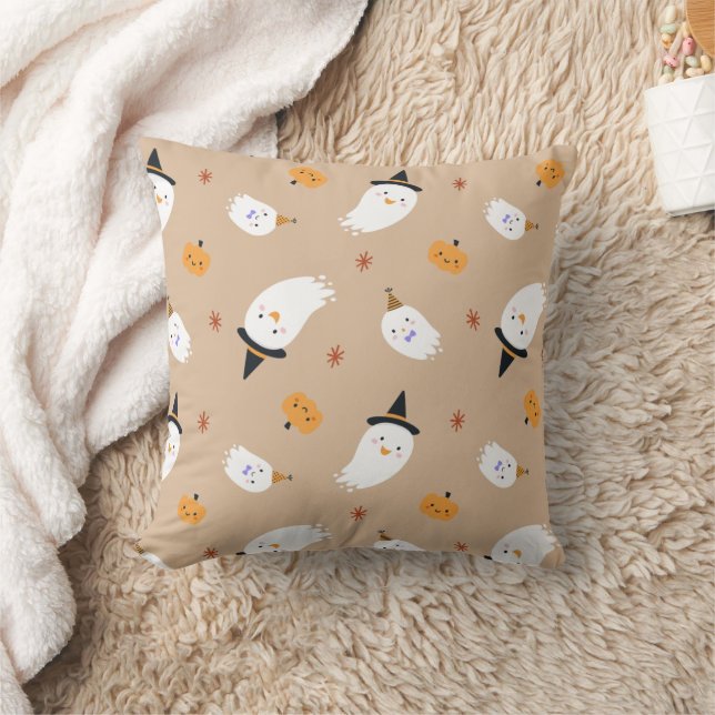 Cute Tan Ghost and Pumpkin Throw Pillow (Blanket)