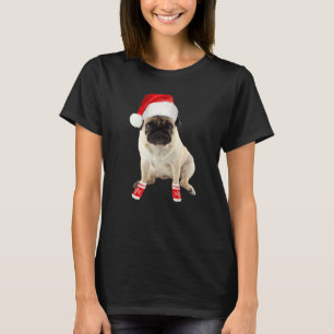 Cute Tan Pug Puppy Santa Hat Socks Image Christmas T-Shirt