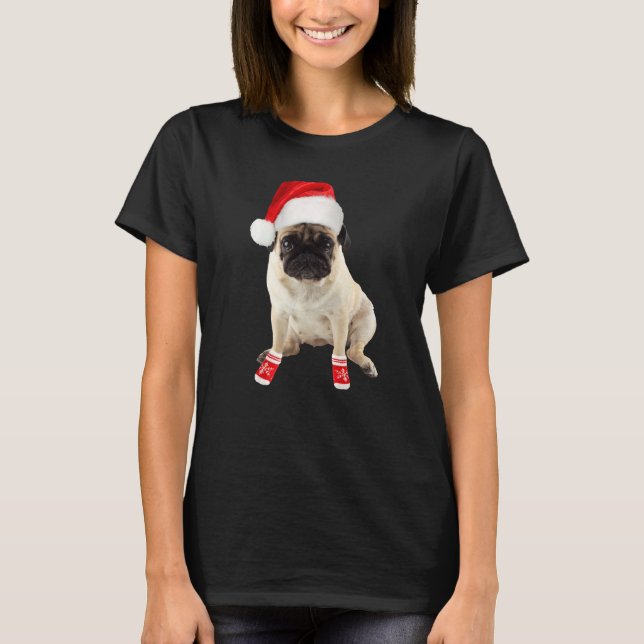 Cute Tan Pug Puppy Santa Hat Socks Image Christmas T-Shirt (Front)