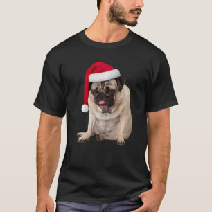 Cute Tan Pug Santa Hat Plaid Bowtie Image Christma T-Shirt