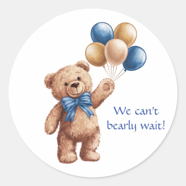 Cute Tan Teddy Bear with Balloons Boy Baby Shower Classic Round Sticker (Front)