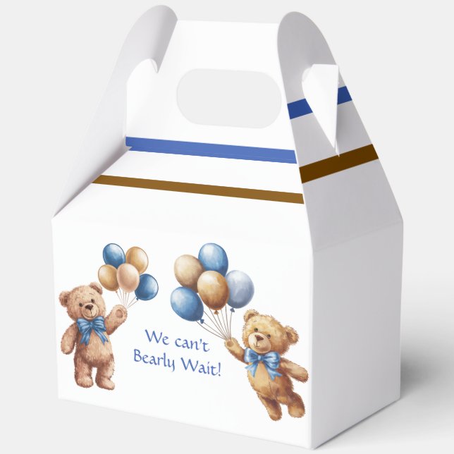 Cute Tan Teddy Bear with Balloons Boy Baby Shower Favor Box (Back)