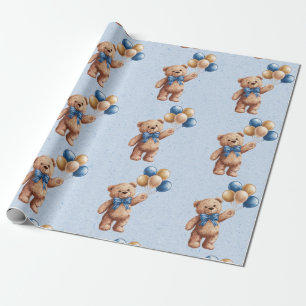 Cute Tan Teddy Bear with Balloons Boy Baby Shower Wrapping Paper