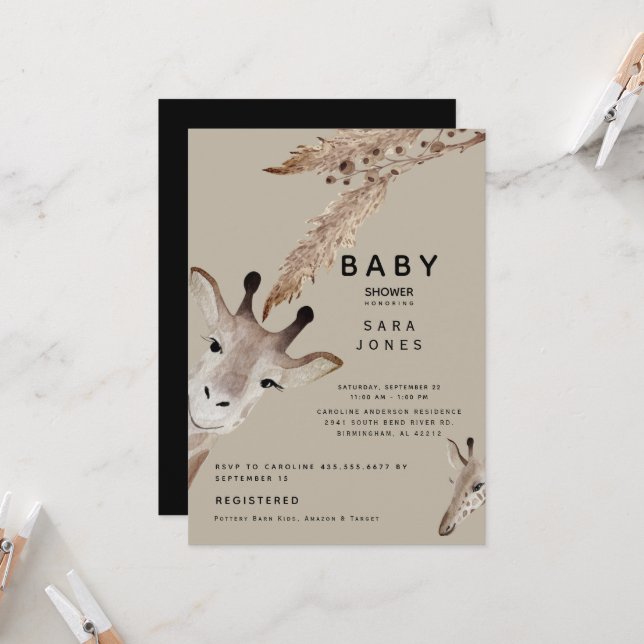 Cute Tan Watercolor Giraffe Pampas Baby Shower   Invitation (Front/Back In Situ)