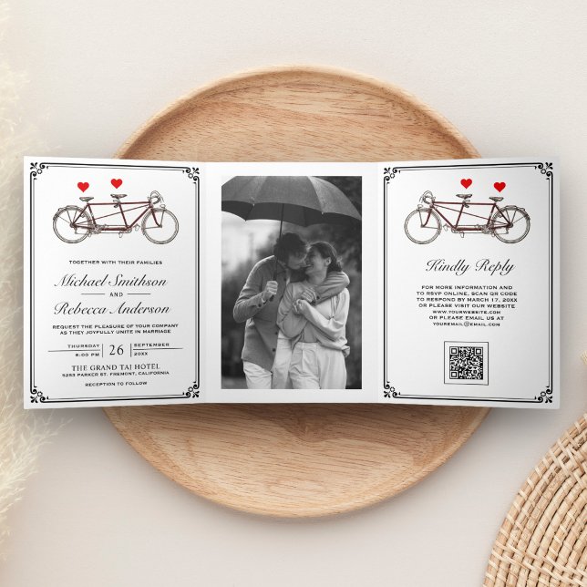 Cute Tandem Bicycle Photo QR Code Wedding Tri-Fold Invitation (Creator Uploaded)