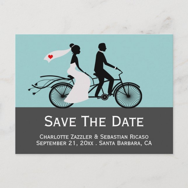 Cute Tandem Bike Bride And Groom Wedding Announcement Postcard (Front)