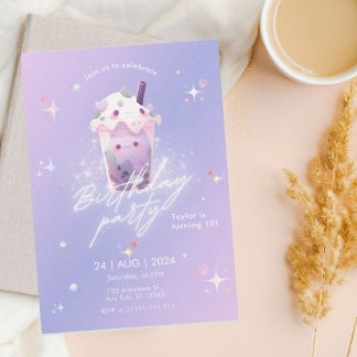 Cute Taro Boba Tea Girl Birthday Invitation