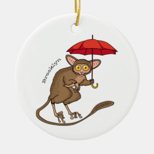 Cute Tarsier with umbrella cartoon illustration Ceramic Ornament