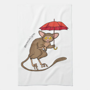 Cute Tarsier with umbrella cartoon illustration Kitchen Towel