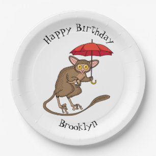 Cute Tarsier with umbrella cartoon illustration Paper Plate