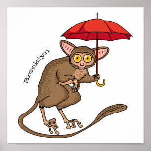 Cute Tarsier with umbrella cartoon illustration Poster